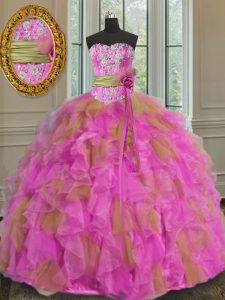 Elegant Multi-color Organza Lace Up Quince Ball Gowns Sleeveless Floor Length Beading and Ruffles and Sashes ribbons