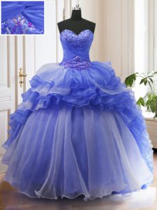 Custom Design Blue Lace Up Quinceanera Dress Beading and Ruffled Layers Sleeveless With Train Court Train