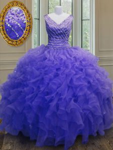 Customized Purple V-neck Neckline Beading and Ruffles Quinceanera Dresses Sleeveless Zipper
