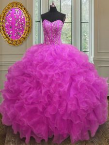 Floor Length Fuchsia 15th Birthday Dress Sweetheart Sleeveless Lace Up