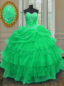 Green Halter Top Lace Up Beading and Ruffled Layers and Pick Ups Quince Ball Gowns Sleeveless