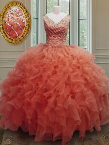 Fantastic Sleeveless Organza Floor Length Zipper Sweet 16 Dress in Orange Red with Beading and Ruffles