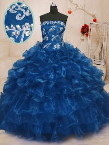New Arrival Navy Blue Lace Up Strapless Beading and Appliques and Ruffles Sweet 16 Dresses Organza Sleeveless