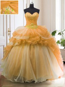 Comfortable Orange Ball Gowns Organza Sweetheart Sleeveless Beading and Ruffled Layers With Train Lace Up Ball Gown Prom