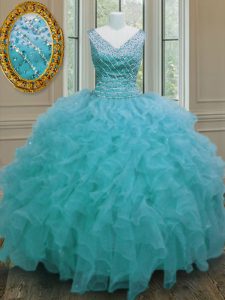 Romantic Aqua Blue Sweet 16 Dresses Military Ball and Sweet 16 and Quinceanera and For with Beading and Ruffles V-neck S