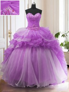 Purple Ball Gowns Organza Sweetheart Sleeveless Beading and Ruffled Layers Lace Up Ball Gown Prom Dress Sweep Train