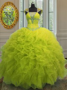 Stylish Organza Straps Cap Sleeves Lace Up Beading and Ruffles and Sequins 15th Birthday Dress in Yellow Green