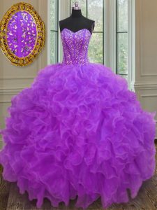 Exquisite Purple Organza Lace Up Sweetheart Sleeveless Floor Length Ball Gown Prom Dress Beading and Ruffles