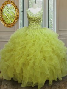 Organza V-neck Sleeveless Zipper Beading and Ruffles Quinceanera Gowns in Yellow Green