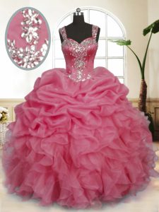 Simple Pink Ball Gowns Organza Straps Sleeveless Beading and Ruffles and Pick Ups Floor Length Zipper Sweet 16 Dresses