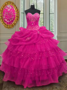 Sequins Pick Ups Ruffled Floor Length Ball Gowns Sleeveless Fuchsia Quinceanera Dress Lace Up