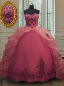 Best Pink Organza Lace Up Quinceanera Dresses Sleeveless With Train Court Train Beading and Appliques and Pick Ups