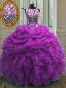 Purple Scoop Neckline Beading and Ruffles and Pick Ups Quinceanera Dress Sleeveless Lace Up