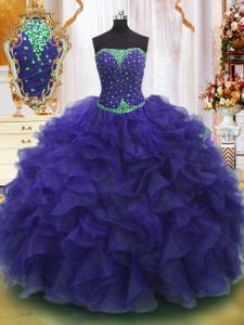 Classical Purple Ball Gowns Organza Strapless Sleeveless Beading and Ruffles Floor Length Lace Up Vestidos de Quinceaner