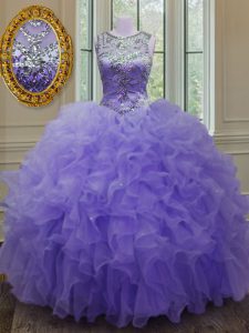 Scoop Lavender Organza Lace Up Sweet 16 Quinceanera Dress Sleeveless Floor Length Beading and Ruffles