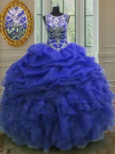 Romantic Pick Ups Scoop Sleeveless Lace Up Quinceanera Gown Royal Blue Organza