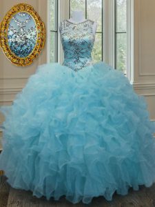 Affordable Scoop Aqua Blue Sleeveless Beading and Ruffles Floor Length Quinceanera Gowns