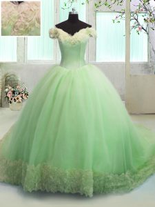 Customized Off the Shoulder Short Sleeves With Train Lace Up Quinceanera Gowns Apple Green for Military Ball and Sweet 1