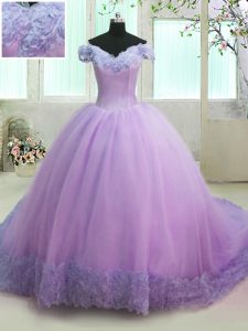 Adorable Lilac Ball Gowns Organza Off The Shoulder Short Sleeves Hand Made Flower With Train Lace Up Sweet 16 Dress Cour