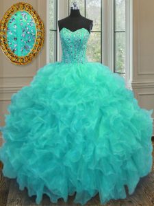 Aqua Blue Quinceanera Gown Military Ball and Sweet 16 and Quinceanera and For with Beading and Ruffles Sweetheart Sleeve