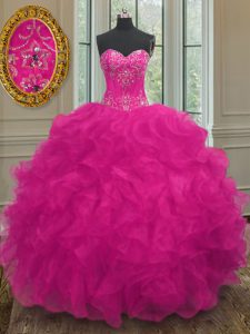 Adorable Fuchsia Sleeveless Beading and Embroidery Floor Length 15 Quinceanera Dress