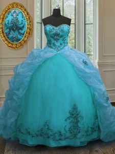 Ideal Aqua Blue Lace Up 15 Quinceanera Dress Beading and Appliques and Pick Ups Sleeveless With Train Court Train