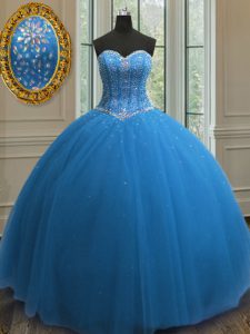 Admirable Blue Ball Gowns Sweetheart Sleeveless Tulle Floor Length Lace Up Beading and Sequins Quinceanera Gowns