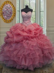 Pink Lace Up Sweetheart Beading and Ruffles and Pick Ups 15 Quinceanera Dress Organza Sleeveless