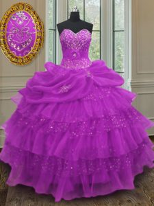 Halter Top Purple Sleeveless Floor Length Beading and Ruffled Layers and Pick Ups Lace Up 15th Birthday Dress