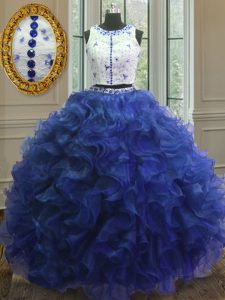 Luxury Royal Blue Ball Gowns Organza Scoop Sleeveless Appliques and Ruffles Floor Length Clasp Handle 15 Quinceanera Dre