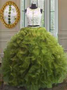 Scoop Sleeveless Organza Floor Length Clasp Handle Sweet 16 Dresses in Olive Green with Appliques and Ruffles