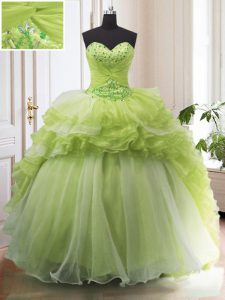 Yellow Green Lace Up Quinceanera Gowns Beading and Ruffled Layers Sleeveless With Train Sweep Train