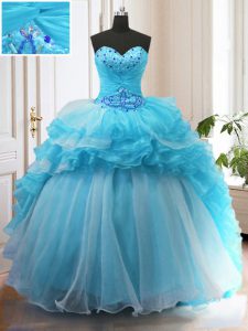 Smart Baby Blue Ball Gowns Organza Sweetheart Sleeveless Beading and Ruffled Layers Lace Up Quinceanera Gown Sweep Train
