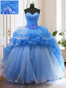 Best Blue Lace Up 15th Birthday Dress Beading and Ruffled Layers Sleeveless With Train Sweep Train