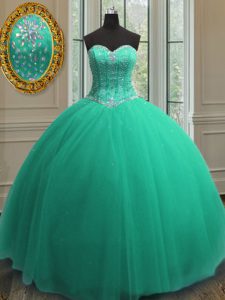 Sequins Ball Gowns 15 Quinceanera Dress Turquoise Sweetheart Tulle Sleeveless Floor Length Lace Up