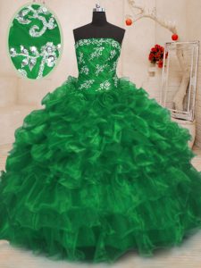 High Class Green Lace Up Strapless Beading and Appliques and Ruffles Quinceanera Gowns Organza Sleeveless