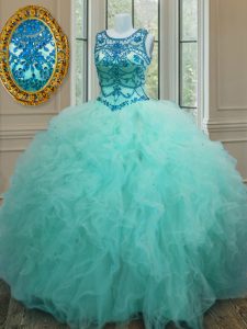 Scoop Sleeveless Tulle Floor Length Lace Up Quinceanera Gown in Turquoise with Beading and Ruffles