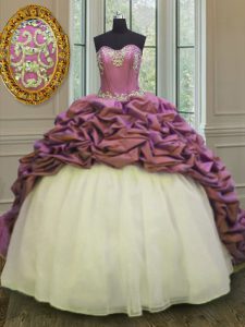 Sweetheart Sleeveless Ball Gown Prom Dress Sweep Train Beading and Appliques and Pick Ups White And Purple Organza and T