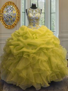 Scoop Beading and Ruffles and Pick Ups 15 Quinceanera Dress Yellow Lace Up Sleeveless Floor Length