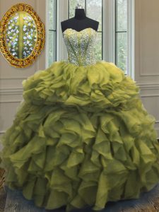Fantastic Olive Green Organza Lace Up Sweetheart Sleeveless Floor Length 15th Birthday Dress Beading and Ruffles