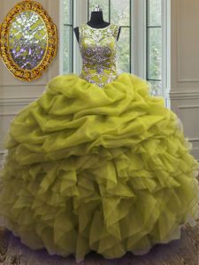 New Style Scoop Floor Length Lace Up Quinceanera Gowns Yellow Green for Military Ball and Sweet 16 and Quinceanera with 