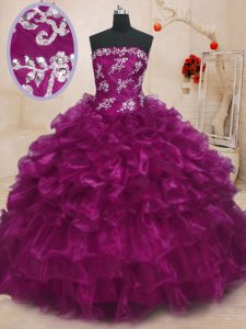 Pretty Fuchsia Strapless Neckline Beading and Appliques and Ruffles 15th Birthday Dress Sleeveless Lace Up
