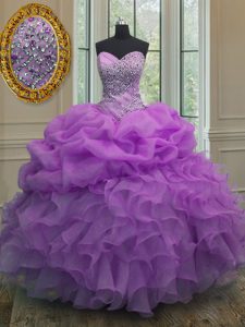 Sleeveless Organza Floor Length Lace Up Quince Ball Gowns in Lavender with Beading and Ruffles and Pick Ups