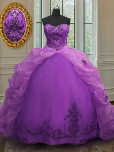 Latest Purple Ball Gowns Sweetheart Sleeveless Organza With Train Court Train Lace Up Beading and Appliques and Pick Ups