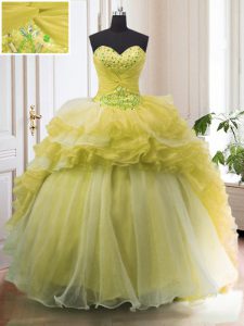 Custom Design Ruffled With Train Ball Gowns Sleeveless Light Yellow Quinceanera Gowns Court Train Lace Up