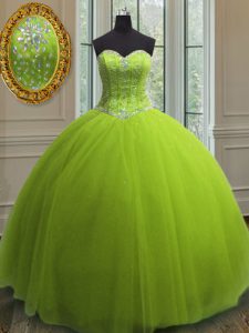Fantastic Sweetheart Sleeveless Quinceanera Dresses Floor Length Beading and Sequins Yellow Green Tulle