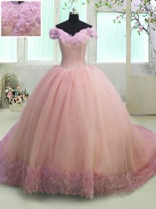 Stunning Pink Ball Gowns Organza Off The Shoulder Short Sleeves Hand Made Flower With Train Lace Up 15th Birthday Dress 