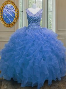 Exquisite Blue Ball Gowns V-neck Sleeveless Organza Floor Length Zipper Beading and Ruffles Quinceanera Gowns