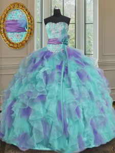 Modern Multi-color Organza Lace Up Sweetheart Sleeveless Floor Length Sweet 16 Dress Beading and Appliques and Ruffles a