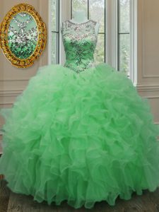 Romantic Scoop Floor Length Green Sweet 16 Dresses Organza Sleeveless Beading and Ruffles